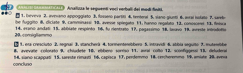 ANALISI GRAMMATICALE Analizza le seguenti voci verbali dei modi finiti. 
a 1. beveva 2. avevano appoggiato 3. fossero partiti 4. tenterai 5. siano giunti 6. avrai isolato 7. sareb- 
be fuggito 8. diciate 9. camminassi 10. avesse spiegato 11. hanno regalato 12. conoscerei 13. finisca 
14. erano andati 15. abbiate respinto 16. fu rientrato 17. pagassimo 18. lavavo 19. avreste introdotto 
20. consigliammo 
b 1. era cresciuto 2. regnai 3. stancherà 4. tormenterebbero 5. intravidi 6. abbia seguito 7. muterebbe 
8. avevate colorato 9. chiudete 10. ebbero sorriso 11. avrai colto 12. sconfiggessi 13. deluderai 
14. siano scappati 15. sareste rimasti 16. capisca 17. perdemmo 18. cercheremmo 19. amiate 20. aveva 
concluso