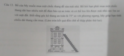 Bổ của My muồn mua một chiếc thang để sửa mái nhà. Bồ hói bạn phái mua một chiếc
thang dài bao nhiều mét đề đâm bào sự an toàn và có thể leo lên được mái nhà cao 5m sơ
với mặt đất. Biết rằng góc kê thang an toàn là 75° so với phương ngang, hãy giúp hạn tỉnh
chiều dài thang cần mua. (Làm tròn kết quá đến chữ số thập phần thứ hai)