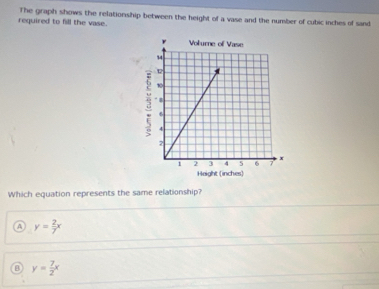 required to fill the vase. The graph shows the relationship between the height of a vase and the number of cubic inches of sand
Which equation represents the same relationship?
a y= 2/7 x
D y= 7/2 x