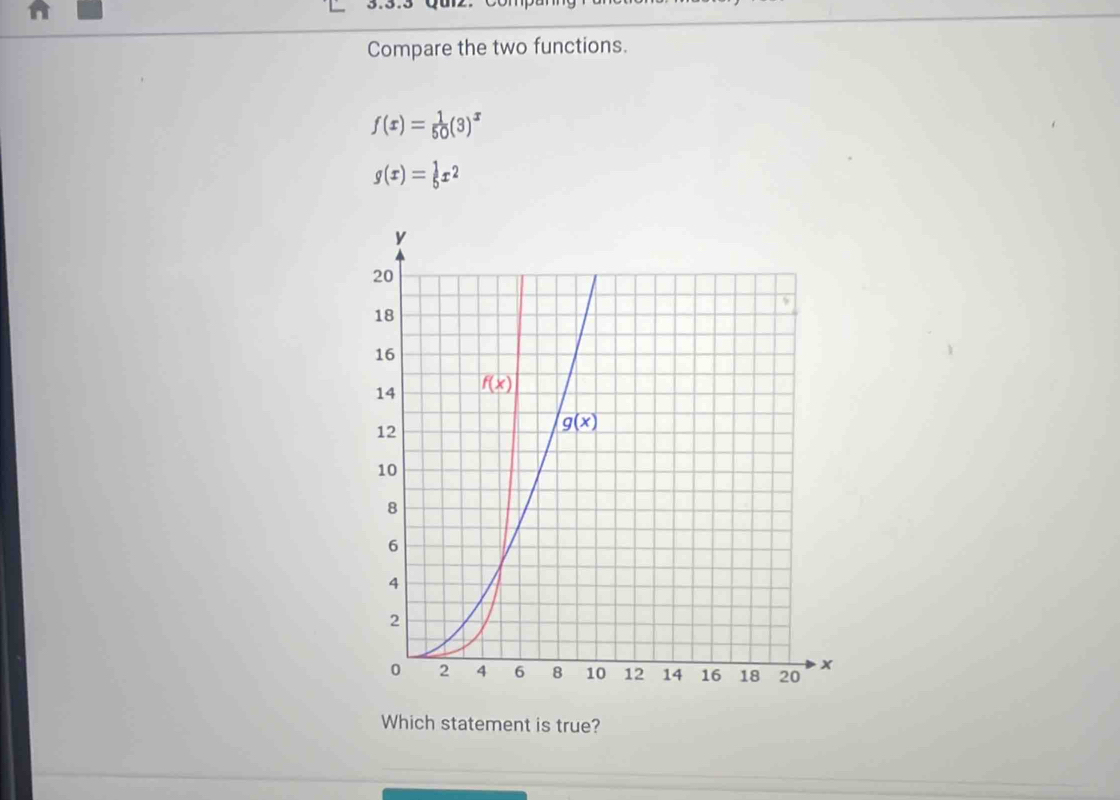 Compare the two functions.
f(x)= 1/50 (3)^x
g(x)= 1/5 x^2
Which statement is true?