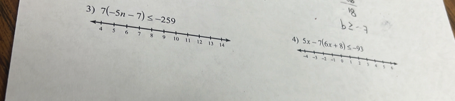 7(-5n-7)≤ -259
4) 5x-7(6x+8)≤ -93