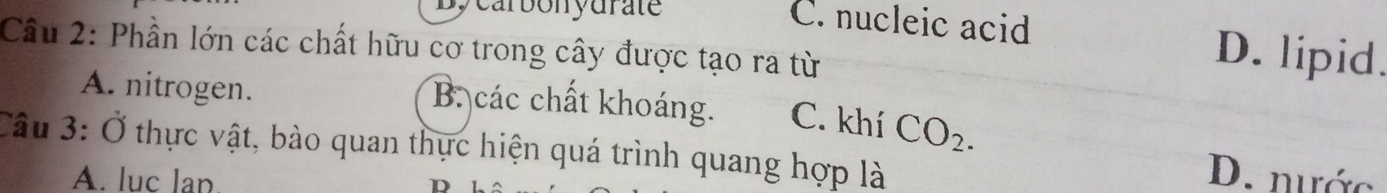 carbonyurate
C. nucleic acid D. lipid.
Câu 2: Phần lớn các chất hữu cơ trong cây được tạo ra từ
A. nitrogen.
B. các chất khoáng. C. khí CO_2. 
Câu 3· ( ) thực vật, bào quan thực hiện quá trình quang hợp là
A. luc lap.
D. nước