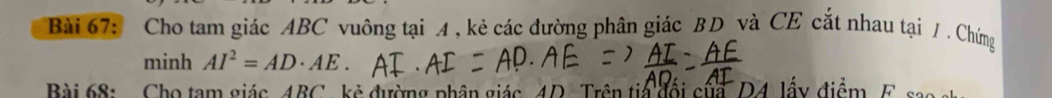 Cho tam giác ABC vuông tại A , kẻ các đường phân giác BD và CE cắt nhau tại /. Chứng 
minh AI^2=AD· AE. 
Bài 68: Cho tam giác ABC , kẻ đường phân giác 4D Trên tia đối của D4 lấy điểm F s