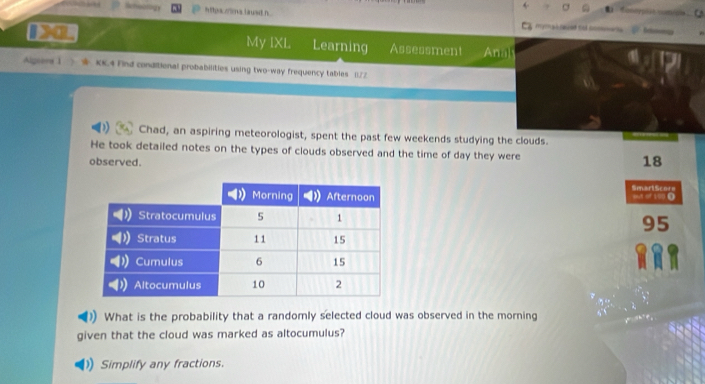 tipa rims lausd n. a 
My IXL Learning Assessment Anah 
Algeera 1 kK.4 Find conditional probabilities using two-way frequency tables ().72 
Chad, an aspiring meteorologist, spent the past few weekends studying the clouds. 
He took detailed notes on the types of clouds observed and the time of day they were 18
observed. 
SmartScore 
sut of 100 0
95
What is the probability that a randomly selected cloud was observed in the morning 
given that the cloud was marked as altocumulus? 
Simplify any fractions.