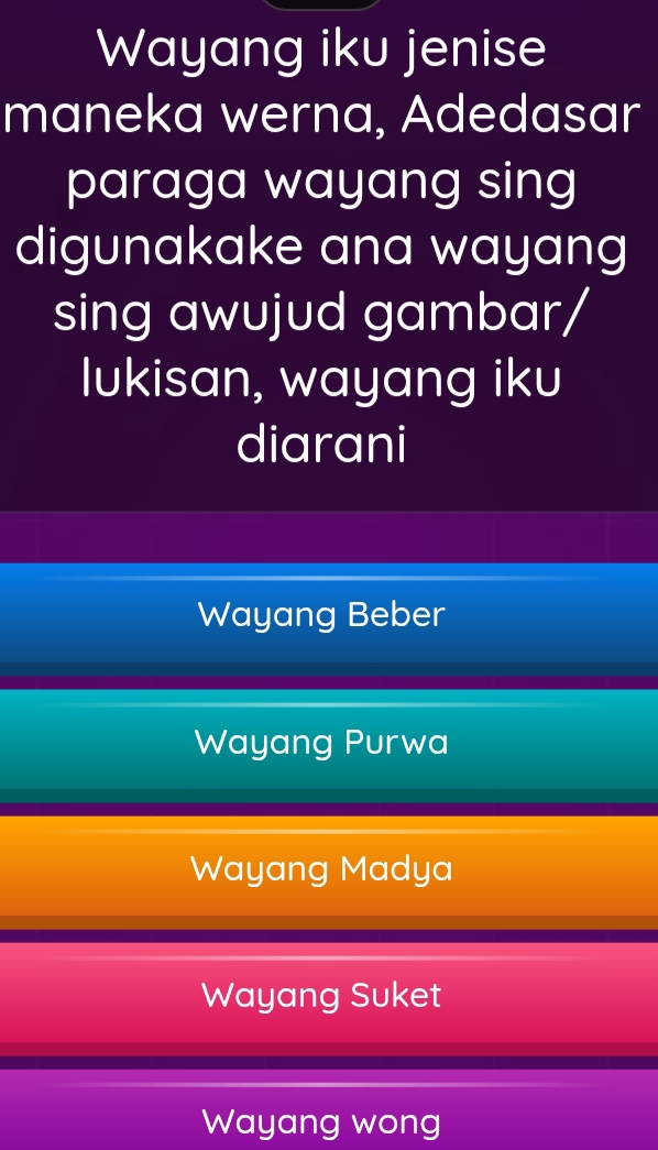 Wayang iku jenise
maneka werna, Adedasar
paraga wayang sing
digunakake ana wayang
sing awujud gambar/
lukisan, wayang iku
diarani
Wayang Beber
Wayang Purwa
Wayang Madya
Wayang Suket
Wayang wong