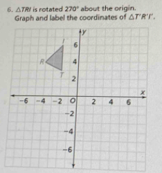 △ TRI is rotated 270° about the origin. 
Graph and label the coordinates of △ T'R'T.