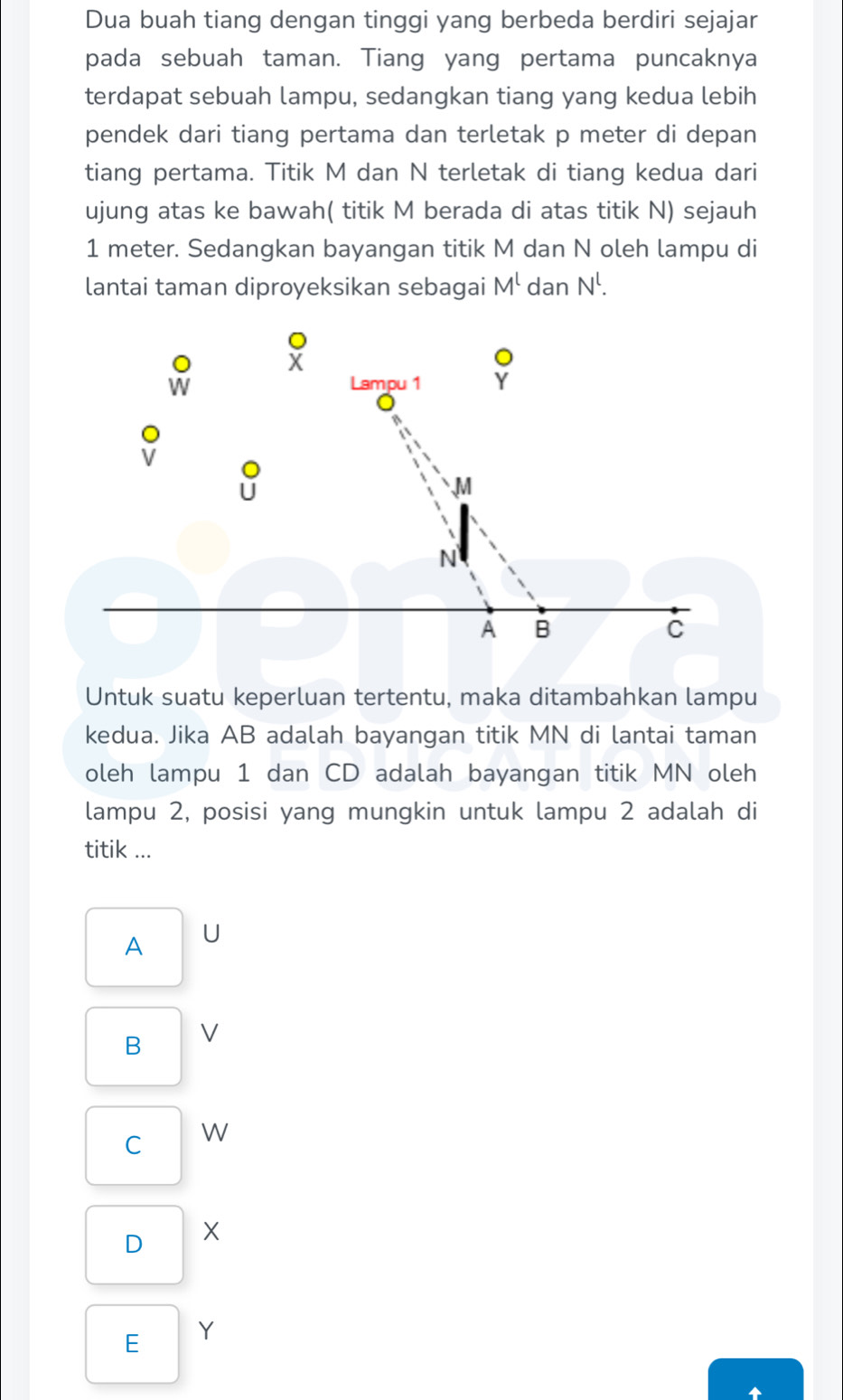 Dua buah tiang dengan tinggi yang berbeda berdiri sejajar
pada sebuah taman. Tiang yang pertama puncaknya
terdapat sebuah lampu, sedangkan tiang yang kedua lebih
pendek dari tiang pertama dan terletak p meter di depan
tiang pertama. Titik M dan N terletak di tiang kedua dari
ujung atas ke bawah( titik M berada di atas titik N) sejauh
1 meter. Sedangkan bayangan titik M dan N oleh lampu di
lantai taman diproyeksikan sebagai M^l dan N!.
x
Lampu 1 :
M
N
A B
C
Untuk suatu keperluan tertentu, maka ditambahkan lampu
kedua. Jika AB adalah bayangan titik MN di lantai taman
oleh lampu 1 dan CD adalah bayangan titik MN oleh
lampu 2, posisi yang mungkin untuk lampu 2 adalah di
titik ...
A U
B V
C W
D X
E
Y