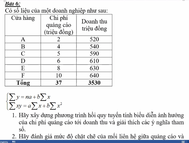 Có số liệu của một doanh nghiệp như sau:
beginarrayl sumlimits y=na+bsumlimits x sumlimits xy=asumlimits x+bsumlimits x^2endarray.
1. Hãy xây dựng phương trình hồi quy tuyến tính biểu diễn ảnh hướng 
của chi phí quảng cáo tới doanh thu và giải thích các ý nghĩa tham 
số. 
2. Hãy đánh giá mức độ chặt chẽ của mối liên hệ giữa quảng cáo và