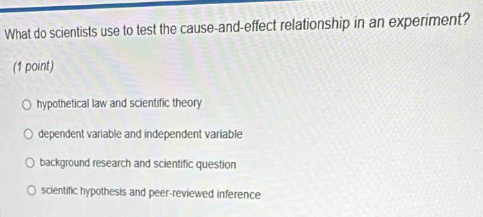 What do scientists use to test the cause-and-effect relationship in an experiment?
(1 point)
hypothetical law and scientific theory
dependent variable and independent variable
background research and scientific question
scientific hypothesis and peer-reviewed inference