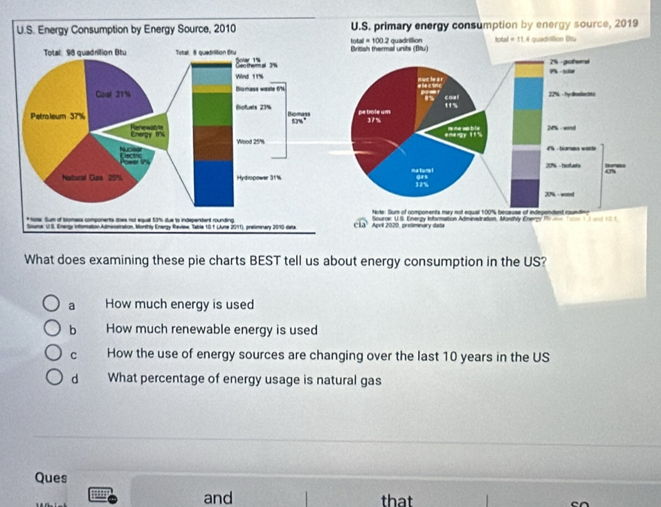 primary energy consumption by energy source, 2019
total = 100.2 quadrillion
total = 11.4 quadrillion Bty
CLD Aprt 2020, preliminary data Source: U.S. Energy Information Administration, Monthly Energy Ro ver. Tooi 13 and 101.
What does examining these pie charts BEST tell us about energy consumption in the US?
a How much energy is used
b How much renewable energy is used
C How the use of energy sources are changing over the last 10 years in the US
dì What percentage of energy usage is natural gas
Ques
1 and that