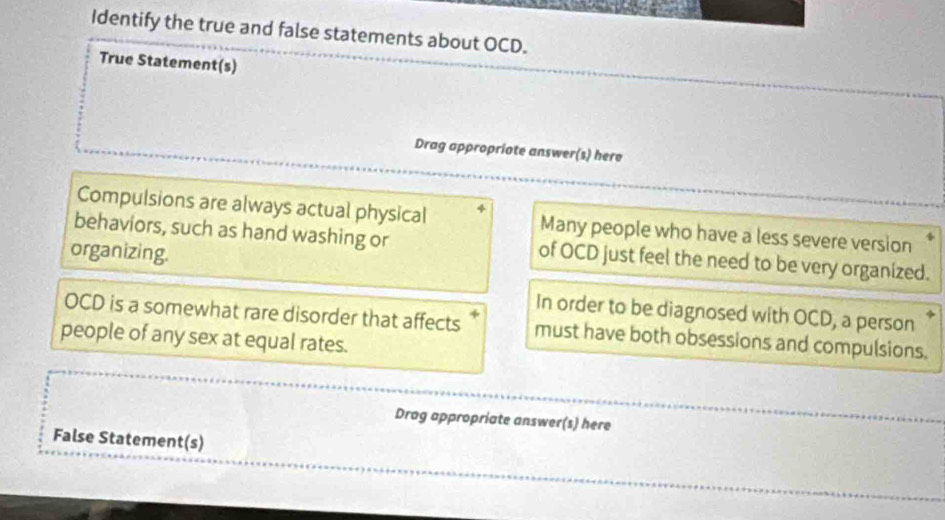 Identify the true and false statements about OCD. 
True Statement(s) 
Drag appropriote answer(s) here 
Compulsions are always actual physical Many people who have a less severe version 
behaviors, such as hand washing or of OCD just feel the need to be very organized. 
organizing. 
In order to be diagnosed with OCD, a person *
OCD is a somewhat rare disorder that affects must have both obsessions and compulsions. 
people of any sex at equal rates. 
Drag appropriate answer(s) here 
False Statement(s)