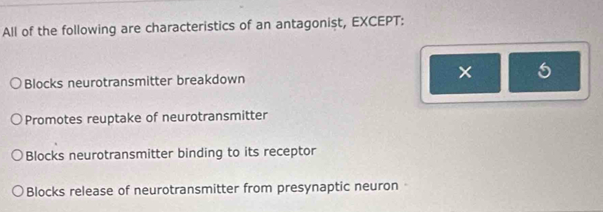 All of the following are characteristics of an antagonist, EXCEPT:
Blocks neurotransmitter breakdown
x
Promotes reuptake of neurotransmitter
Blocks neurotransmitter binding to its receptor
Blocks release of neurotransmitter from presynaptic neuron