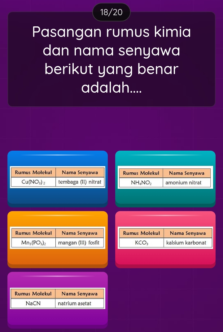 18/20
Pasangan rumus kimia
dan nama senyawa
berikut yang benar
adalah....