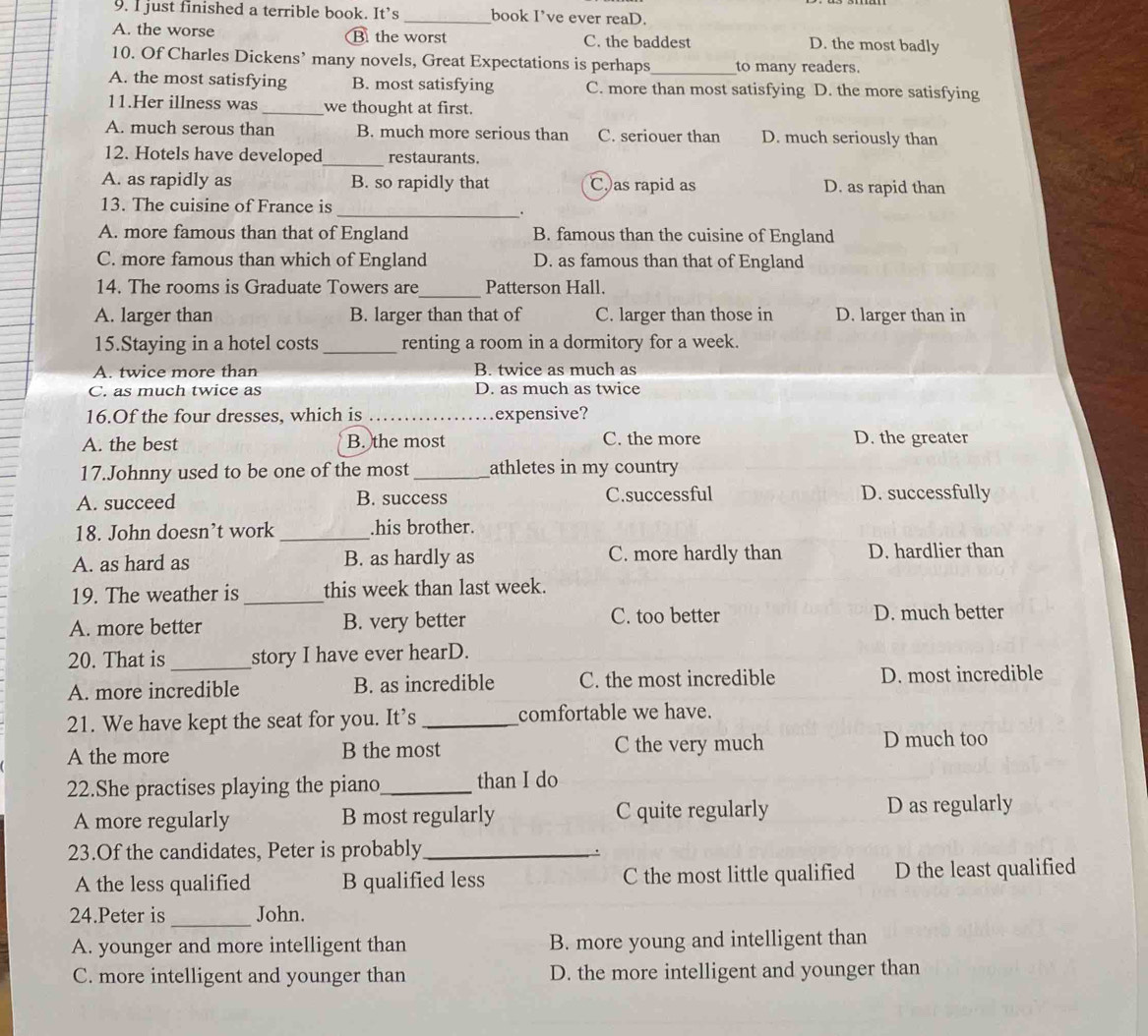 just finished a terrible book. It’s _book I’ve ever reaD.
A. the worse B the worst C. the baddest D. the most badly
10. Of Charles Dickens’ many novels, Great Expectations is perhaps_ to many readers.
A. the most satisfying B. most satisfying C. more than most satisfying D. the more satisfying
11.Her illness was _we thought at first.
A. much serous than B. much more serious than C. seriouer than D. much seriously than
_
12. Hotels have developed restaurants.
A. as rapidly as B. so rapidly that C.as rapid as D. as rapid than
13. The cuisine of France is
_.
A. more famous than that of England B. famous than the cuisine of England
C. more famous than which of England D. as famous than that of England
_
14. The rooms is Graduate Towers are Patterson Hall.
A. larger than B. larger than that of C. larger than those in D. larger than in
15.Staying in a hotel costs_ renting a room in a dormitory for a week.
A. twice more than B. twice as much as
C. as much twice as D. as much as twice
16.Of the four dresses, which is _expensive?
A. the best B. the most C. the more D. the greater
17.Johnny used to be one of the most_ athletes in my country
A. succeed B. success C.successful D. successfully
18. John doesn’t work _.his brother.
A. as hard as B. as hardly as C. more hardly than D. hardlier than
19. The weather is _this week than last week.
A. more better B. very better C. too better D. much better
20. That is_ story I have ever hearD.
A. more incredible B. as incredible C. the most incredible D. most incredible
21. We have kept the seat for you. It’s _comfortable we have.
A the more B the most C the very much D much too
22.She practises playing the piano_ than I do
A more regularly B most regularly C quite regularly D as regularly
23.Of the candidates, Peter is probably_
A the less qualified B qualified less C the most little qualified D the least qualified
_
24.Peter is John.
A. younger and more intelligent than B. more young and intelligent than
C. more intelligent and younger than D. the more intelligent and younger than