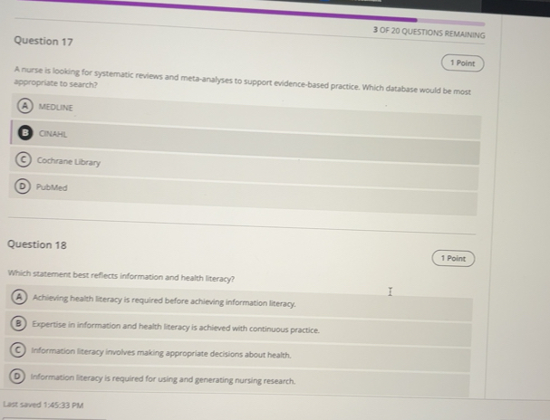Solved: OF 20 QUESTIONS REMAINING Question 17 1 Point A nurse is ...