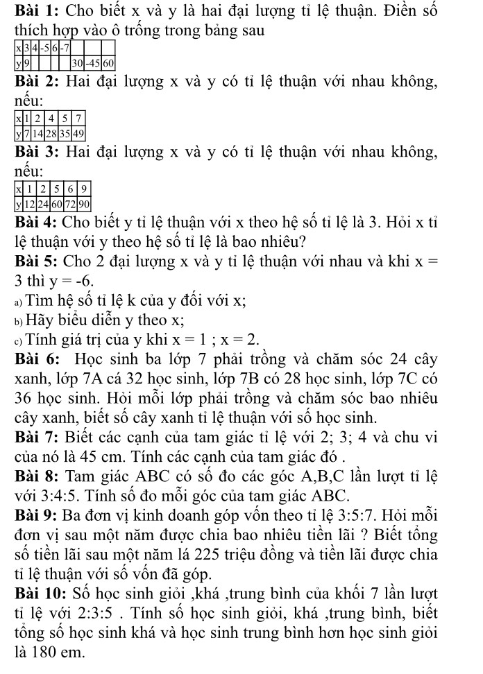 Cho biết x và y là hai đại lượng tỉ lệ thuận. Điền số
thích hợp vào ô trống trong bảng sau
Bài 2: Hai đại lượng x và y có tỉ lệ thuận với nhau không,
nếu:
Bài 3: Hai đại lượng x và y có tỉ lệ thuận với nhau không,
nếu:
Bài 4: Cho biết y tỉ lệ thuận với x theo hệ số tỉ lệ là 3. Hỏi x tỉ
lệ thuận với y theo hệ số tỉ lệ là bao nhiêu?
Bài 5: Cho 2 đại lượng x và y tỉ lệ thuận với nhau và khi x=
3 thì y=-6.
Tìm hệ số tỉ lệ k của y đối với x;
b Hãy biểu diễn y theo x;
) Tính giá trị của y khi x=1;x=2.
Bài 6: Học sinh ba lớp 7 phải trồng và chăm sóc 24 cây
xanh, lớp 7A cá 32 học sinh, lớp 7B có 28 học sinh, lớp 7C có
36 học sinh. Hỏi mỗi lớp phải trồng và chăm sóc bao nhiêu
cây xanh, biết số cây xanh tỉ lệ thuận với số học sinh.
Bài 7: Biết các cạnh của tam giác tỉ lệ với 2; 3; 4 và chu vi
của nó là 45 cm. Tính các cạnh của tam giác đó .
Bài 8: Tam giác ABC có số đo các góc A,B,C lần lượt tỉ lệ
với 3:4:5. Tính số đo mỗi góc của tạm giác ABC.
Bài 9: Ba đơn vị kinh doanh góp vốn theo tỉ lệ 3:5:7. Hỏi mỗi
đơn vị sau một năm được chia bao nhiêu tiền lãi ? Biết tổng
số tiền lãi sau một năm lá 225 triệu đồng và tiền lãi được chia
ti lệ thuận với số vốn đã góp.
Bài 10: Số học sinh giỏi ,khá ,trung bình của khối 7 lần lượt
tỉ lệ với 2:3:5. Tính số học sinh giỏi, khá ,trung bình, biết
tổng số học sinh khá và học sinh trung bình hơn học sinh giỏi
là 180 em.