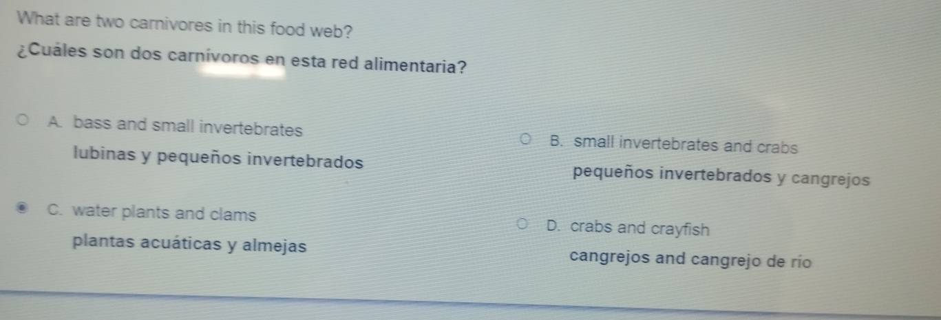 What are two carnivores in this food web?
¿Cuáles son dos carnívoros en esta red alimentaria?
A. bass and small invertebrates B. small invertebrates and crabs
lubinas y pequeños invertebrados pequeños invertebrados y cangrejos
C. water plants and clams D. crabs and crayfish
plantas acuáticas y almejas cangrejos and cangrejo de río