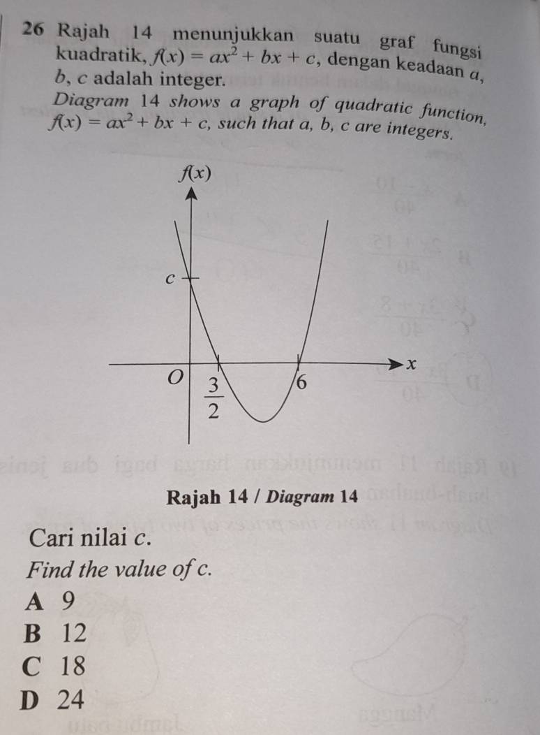 Rajah 14 menunjukkan suatu graf fungsi
kuadratik, f(x)=ax^2+bx+c , dengan keadaan α,
b, c adalah integer.
Diagram 14 shows a graph of quadratic function,
f(x)=ax^2+bx+c , such that a, b, c are integers.
Rajah 14 / Diagram 14
Cari nilai c.
Find the value of c.
A 9
B 12
C 18
D 24