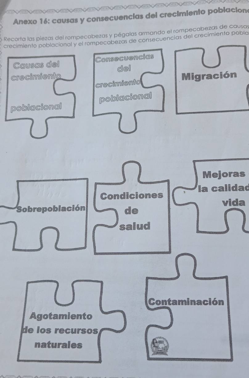 Anexo 16: causas y consecuencias del crecimiento poblacion 
Recorta las piezas del rompecabezas y pégalas armando el rompecabezas de causas 
crecimiento poblacional y el rompecabezas de consecuencias del crecimiento pobla 
Causas del Consecuencias 
del 
crecimiento Migración 
crecimiento 
poblacional poblacional 
Mejoras 
la calidad 
Condiciones 
vida 
Sobrepoblación 
de 
salud 
Contaminación 
Agotamiento 
de los recursos 
naturales