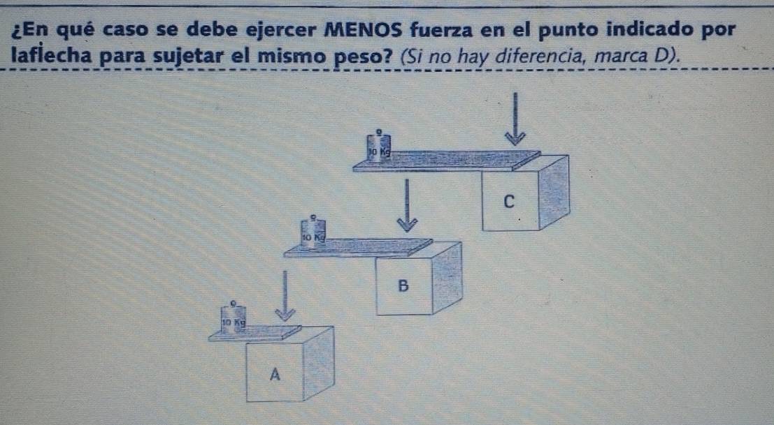 ¿En qué caso se debe ejercer MENOS fuerza en el punto indicado por 
laflecha para sujetar el mismo peso? (Si no hay diferencia, marca D).