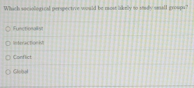 Which sociological perspective would be most likely to study small groups?
Functionalist
Interaction ist
Conflict
Global