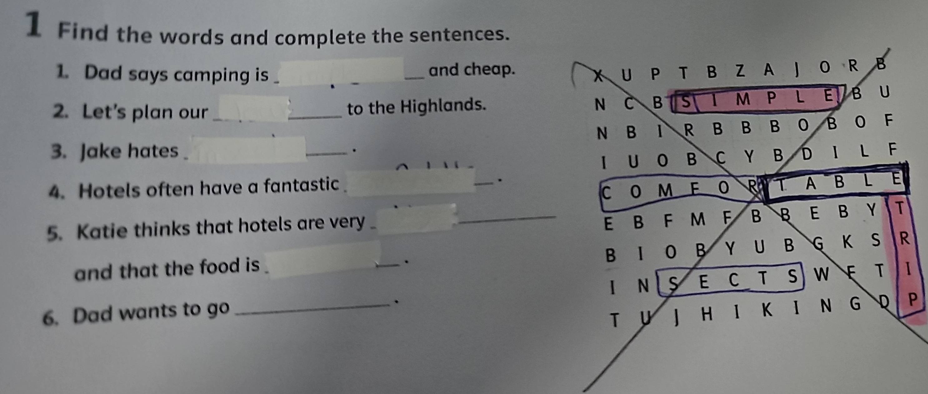 Find the words and complete the sentences. 
1. Dad says camping is _and cheap. 
x U P T B Z A J O R B 
2. Let's plan our_ _to the Highlands. N C B S 1 M P L E B U 
N B 1 R B B B 0 B 0 F 
3. Jake hates _B D 1 L F 
. 
1 U 0 B C Y 
. 
4. Hotels often have a fantastic _F 0 R I A B L E 
C 0 M 
5. Katie thinks that hotels are very _E B F M F B B E B Y T 
and that the food is . _K S R 
. 
B 1 0 B Y U B G 
N S E C T W F T 1 
T H K 1 N G D P 
6. Dad wants to go _.