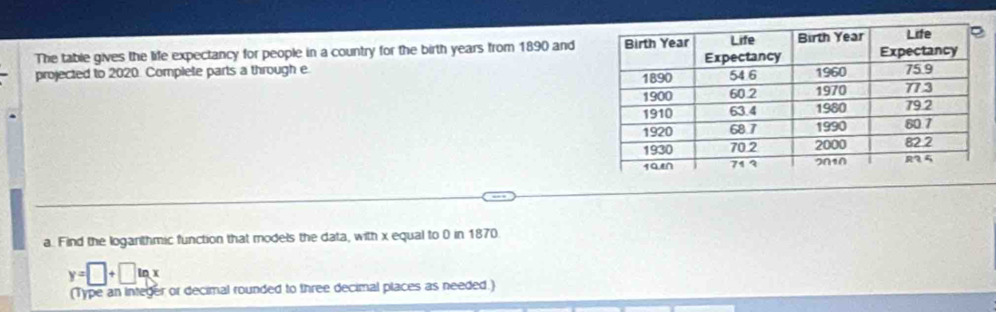 The table gives the life expectancy for people in a country for the birth years from 1890 and 
projected to 2020. Complete parts a through e 
a. Find the loganthmic function that models the data, with x equal to 0 in 1870.
y=□ +□ ln x
(Type an integer or decimal rounded to three decimal places as needed.)