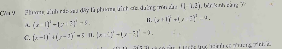 Phương trình nào sau đây là phương trình của đường tròn tâm I(-1;2) , bán kính bằng 3?
A. (x-1)^2+(y+2)^2=9.
B. (x+1)^2+(y+2)^2=9.
C. (x-1)^2+(y-2)^2=9. D. (x+1)^2+(y-2)^2=9.
(1,1) D (5.3) và có tâm / thuộc truc hoành có phương trình là