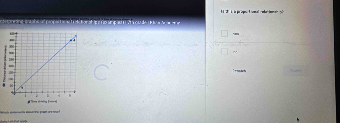 Is this a proportional relationship?
interpreting graphs of proportional relationships (examples) | 7th grade | Khan Academy
yes
no
Rewatch Suted
#Time driving (hours)
Which statements about the graph are true?
Select all that apply.