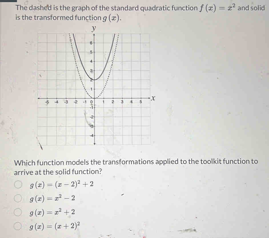 The dashed is the graph of the standard quadratic function f(x)=x^2 and solid
is the transformed function g(x). 
Which function models the transformations applied to the toolkit function to
arrive at the solid function?
g(x)=(x-2)^2+2
g(x)=x^2-2
g(x)=x^2+2
g(x)=(x+2)^2