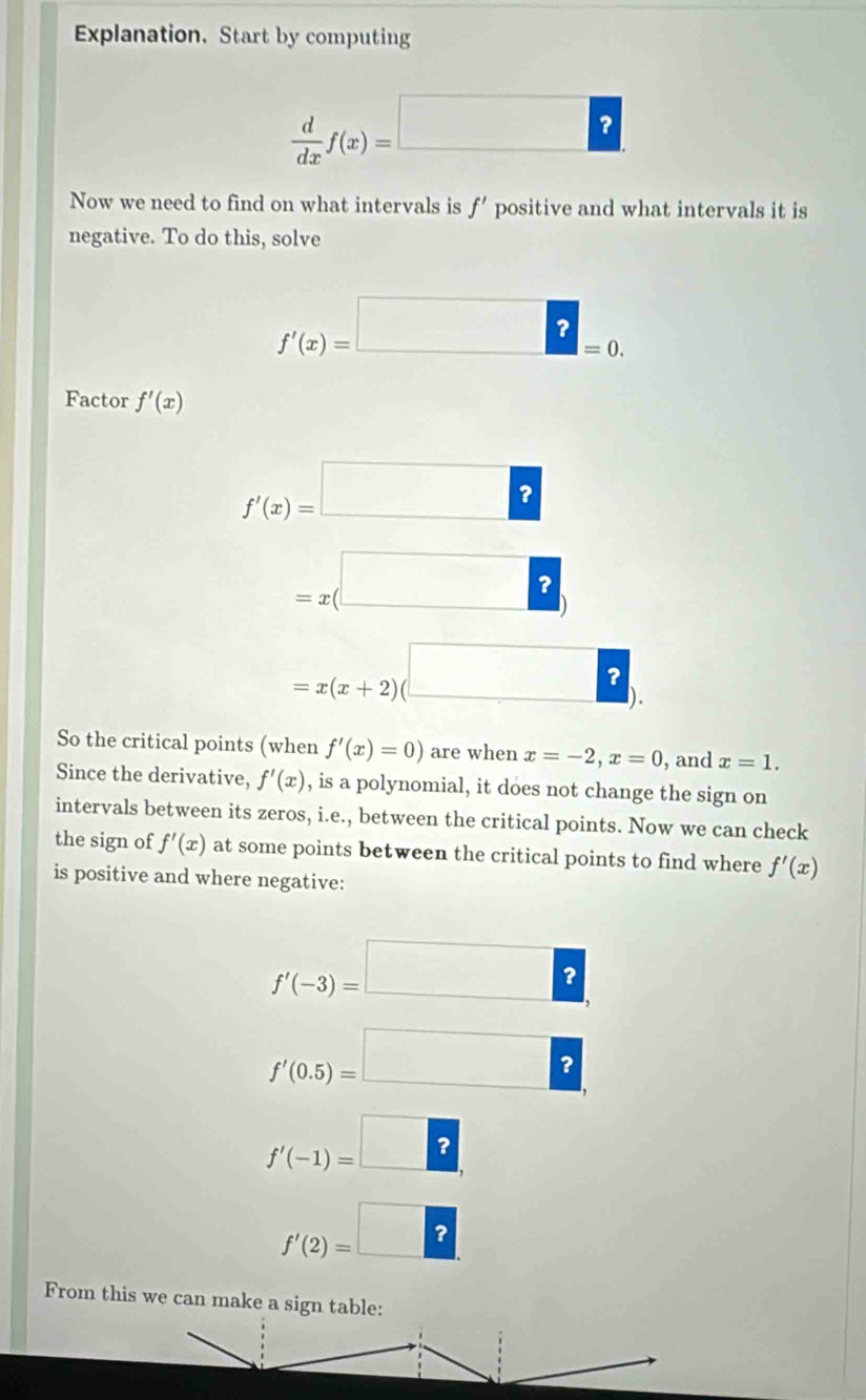 Explanation. Start by computing
 d/dx f(x)=□ ? 
Now we need to find on what intervals is f' positive and what intervals it is 
negative. To do this, solve
f'(x)=□ ?=0. 
Factor f'(x)
f'(x)=□ ?
=x(□ ?
=x(x+2)(□ ). 
So the critical points (when f'(x)=0) are when x=-2, x=0 , and x=1. 
Since the derivative, f'(x) , is a polynomial, it does not change the sign on 
intervals between its zeros, i.e., between the critical points. Now we can check 
the sign of f'(x) at some points between the critical points to find where f'(x)
is positive and where negative:
f'(-3)=□ ?
f'(0.5)=□ ?
f'(-1)=□ ?
f'(2)=□ ? 
From this we can make a sign table: