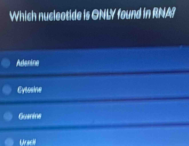 Which nucleotide is ONLY found in RNA
Adenine
Cytosine
Guanine
Uracil