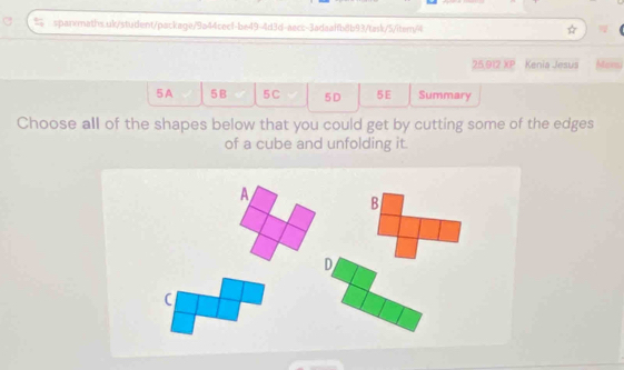 25,912 XP Kenia Jesus Masnu 
5A 5B 5C 5D 5E Summary 
Choose all of the shapes below that you could get by cutting some of the edges 
of a cube and unfolding it. 
A 
B 
D 
C