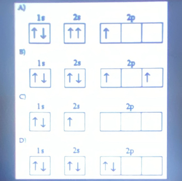 1s 2s 2p
↑↓ ↑↑ ↑ 
B)
1s 2s 2p
↑↓ ↑↓ ↑ ↑ 
C
1s 2s 2
↑↓ ↑ 
D)
1 s 2s 2p
↑↓ ↑↓ ↑↓