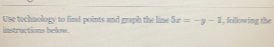 Use technology to find points and graph the line 5x=-y-1 , following the 
instructions below.