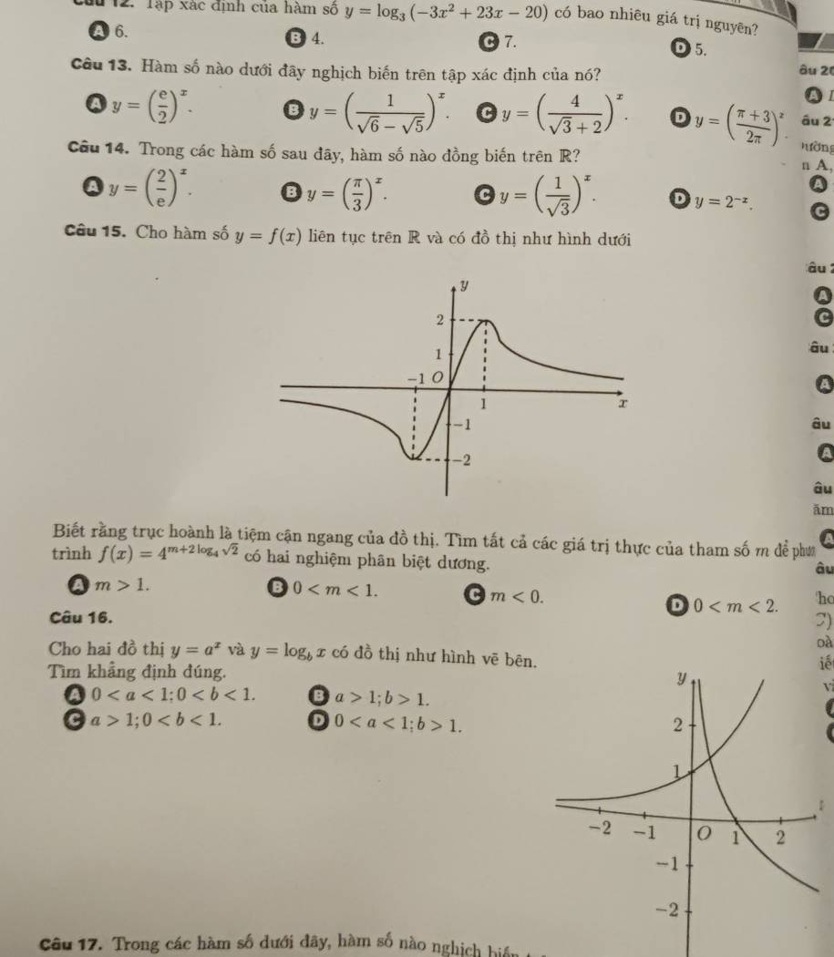 Tập xác định của hàm số y=log _3(-3x^2+23x-20) có bao nhiêu giá trị nguyên?
a 6. B 4. C 7. D5.
Câu 13. Hàm số nào dưới đãy nghịch biến trên tập xác định của nó?
âu 2 0
a y=( e/2 )^x. B y=( 1/sqrt(6)-sqrt(5) )^x. y=( 4/sqrt(3)+2 )^x. D y=( (π +3)/2π  )^z âu 2
nường
Câu 14. Trong các hàm số sau đãy, hàm số nào đồng biến trhat enR n A,
y=( 2/e )^x. o y=( π /3 )^x. C y=( 1/sqrt(3) )^x. D y=2^(-x).
Câu 15. Cho hàm số y=f(x) liên tục trên R và có đồ thị như hình dưới
âu 
C
âu
âu
âu
ăm
Biết rằng trục hoành là tiệm cận ngang của đồ thị. Tìm tất cả các giá trị thực của tham số m để phư a
trình f(x)=4^(m+2log _4)sqrt(2) có hai nghiệm phân biệt dương.
âu
a m>1.
B 0 C m<0. 'hc
0
Câu 16.
C)
oà
Cho hai đồ thị y=a^x và y=log _bx có đồ thị như hình vē bēn.
iế
Tìm khẳng định đúng. 
V
4 0 B a>1;b>1.
C a>1;0 D 01.
【
Câu 17. Trong các hàm số dưới đây, hàm số nào nghịch biển