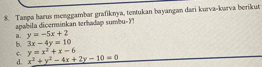 Tanpa harus menggambar grafiknya, tentukan bayangan dari kurva-kurva berikut 
apabila dicerminkan terhadap sumbu- Y! 
a. y=-5x+2
b. 3x-4y=10
c. y=x^2+x-6
d. x^2+y^2-4x+2y-10=0