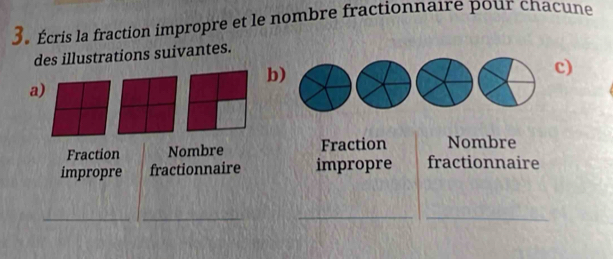 Écris la fraction impropre et le nombre fractionnaire pour chacune 
des illustrations suivantes. 
b) 
c) 
a) 
Fraction Nombre Fraction Nombre 
impropre fractionnaire impropre fractionnaire 
__ 
_ 
_