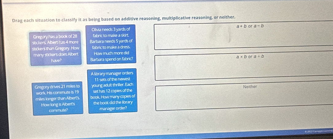 Drag each situation to classify it as being based on additive reasoning, multiplicative reasoning, or neither.
a+b or a-b
Olivia needs 3 yards of
Gregory has a book of 28 fabric to make a skirt.
stickers. Albert has 4 more Barbara needs 5 yards of
stickers than Gregory. How fabric to make a dress.
many stickers does Albert How much more did
a* b or
have? Barbara spend on fabric? a/ b
A library manager orders
11 sets of the newest
Gregory drives 21 miles to young adult thriller. Each Neither
work. His commute is 19 set has 12 copies of the
miles longer than Albert's. book. How many copies of
How long is Albert's the book did the library
commute? manager order?