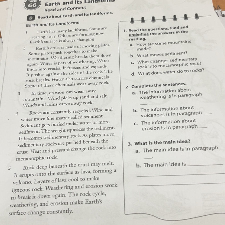 Solved: TOPIC Earth and its Landforns Read and Connect D Read about ...