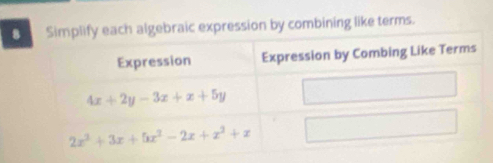 8each algebraic expression by combining like terms.