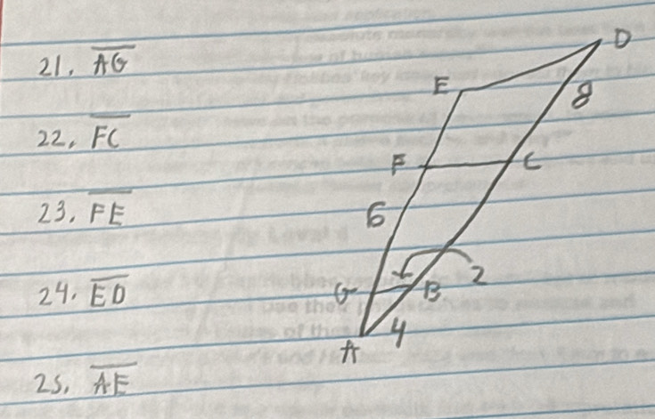 21, overline AG
22, overline FC
23. overline FE
24. overline ED
25. overline AE