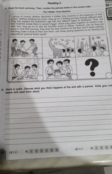 Reading 2 
Pp. 60-6 
3 
A. Read the book summary. Then, number the pictures below in the correct order. 
The Hidden Time Machina 
A group of curious children discovers a hidden time machine in the basement of their 
school. Without thinking too much, they go on a thrilling journey through different eras. 
They first explore the prehistoric age and see different types of dinosaurs. Then, the a 
time machine sends them to ancient Equpt, where they piece together an ancient map. 
After that, they go on to visit the futuristic world of robots. However, just as they are 
about to end their journey, they drop the time machine on the floor and it stops working 
Will they make it back to their own time? Join these young explorers on an exciting and 
B. Work in pairs. Discuss what you think happens at the end with a partner. Write your not 
_ 
below and read them aloud. 
_ 
_ 
_ 
_ 
_ 
_ 
_ 
_ 
_ 
_
49 LS 3. 2.1 PL | 2 3 4 5 6 LS 2.3. 1 PL 2 3