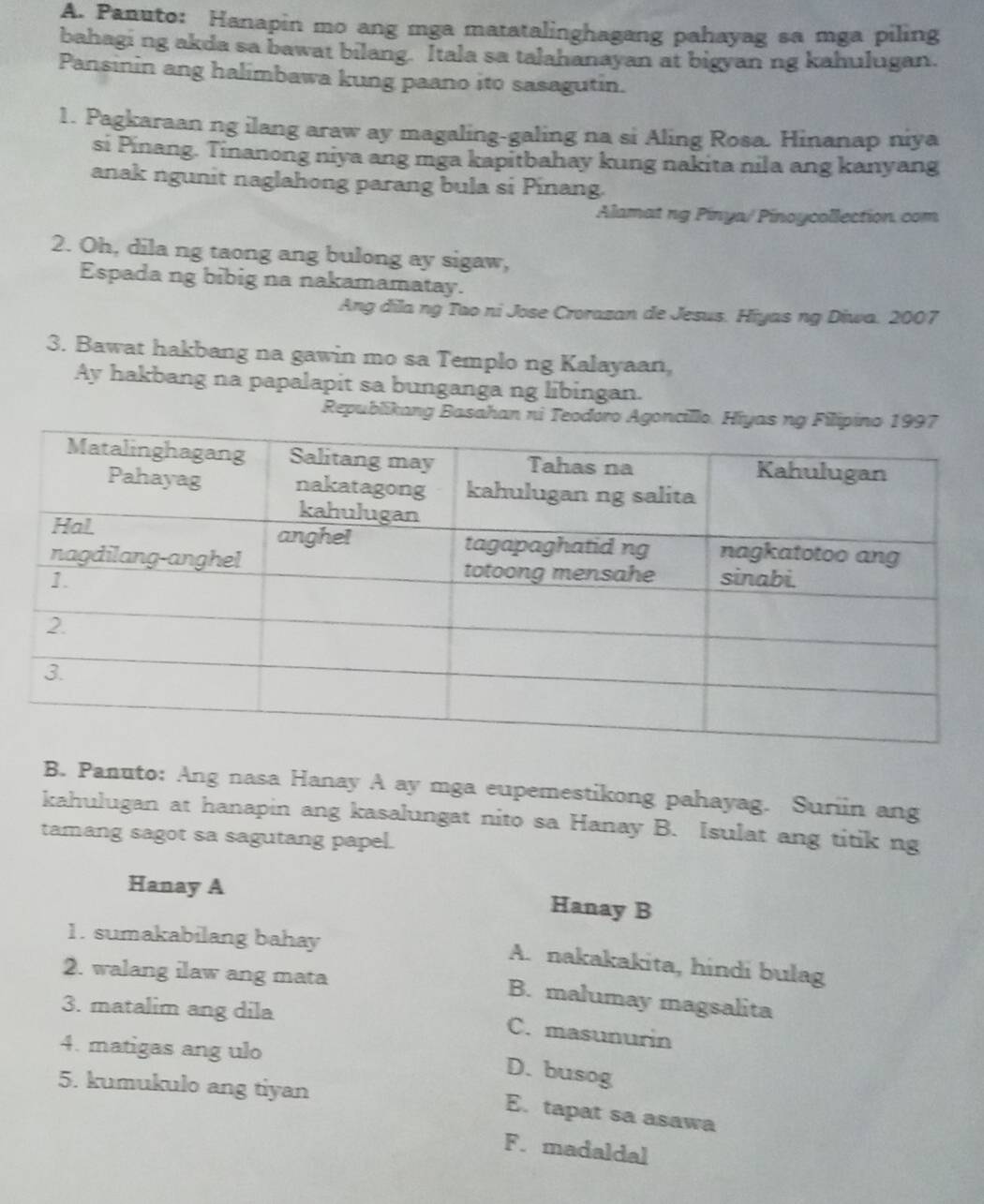 Solved: Panuto: Hanapin mo ang mga matatalinghagang pahayag sa mga ...