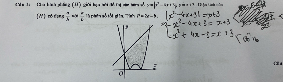 Cho hình phẳng (H) giới hạn bởi đồ thị các hàm số y=|x^2-4x+3|, y=x+3. Diện tích của 
(H) có dạng  a/b  với  a/b  là phân số tối giản. Tính P=2a-b. 
Câu