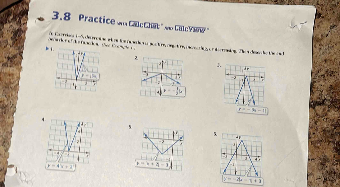 3.8 Practice wm CalcChat" And CalcView "
behavior of the function. (See Example 1.)
In Exercises 1-6, determine when the function is positive, negative, increasing, or decreasing. Then describe the end
3.
1 y
2
1 2 ×
y=-|3x-1|
4.
y
5.
  
6.
y
2
2
-4 a +
2 2
A ×
y=4|x+2|
2
y=-2|x-1|+3