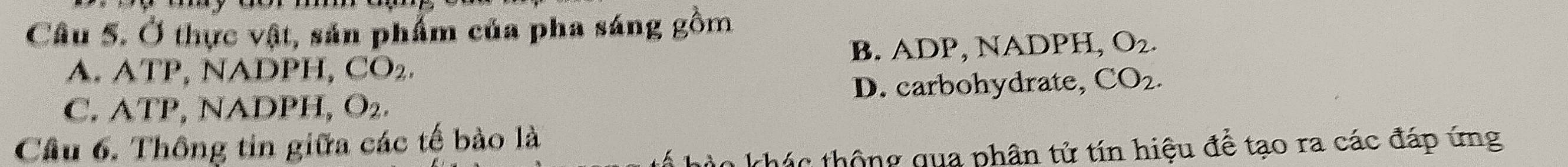 Ở thực vật, sản phẩm của pha sáng gồm
A. ATP , NADPH, CO_2. B. ADP, NADPH, O_2.
C. ATP , NADPH, O_2. D. carbohydrate, CO_2. 
Câu 6. Thông tin giữa các tế bào là
ào khác thông qua phân tử tín hiệu để tạo ra các đáp ứng