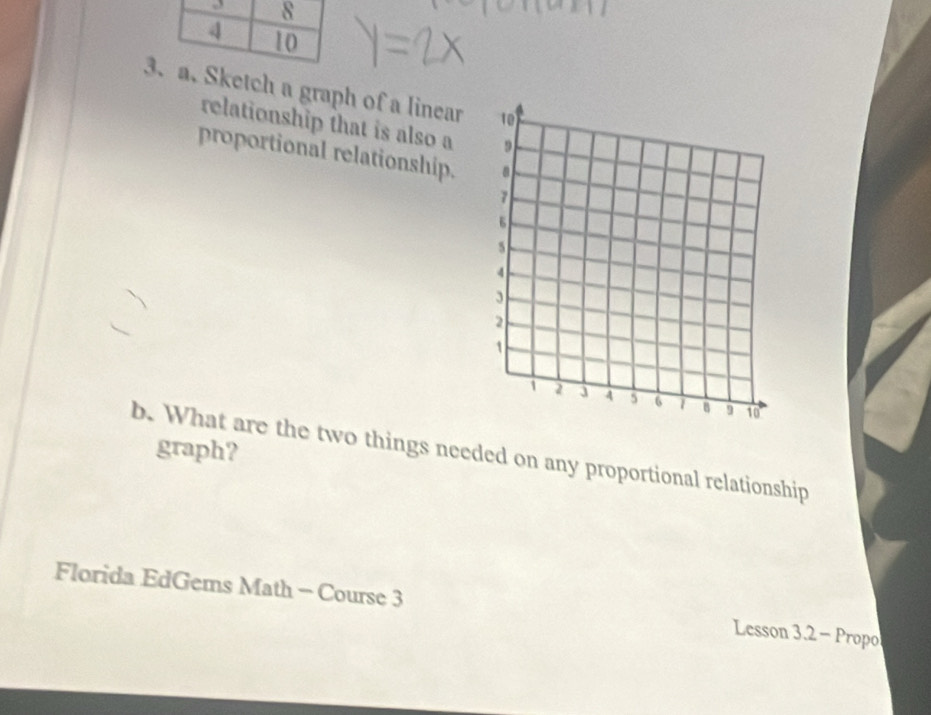 8 
4 10
3. a. Sketch a graph of a linear 
relationship that is also a 
proportional relationship. 
b. What are the two things needed on any proportional relationship graph? 
Florida EdGems Math - Course 3 Lesson 3.2 - Propo