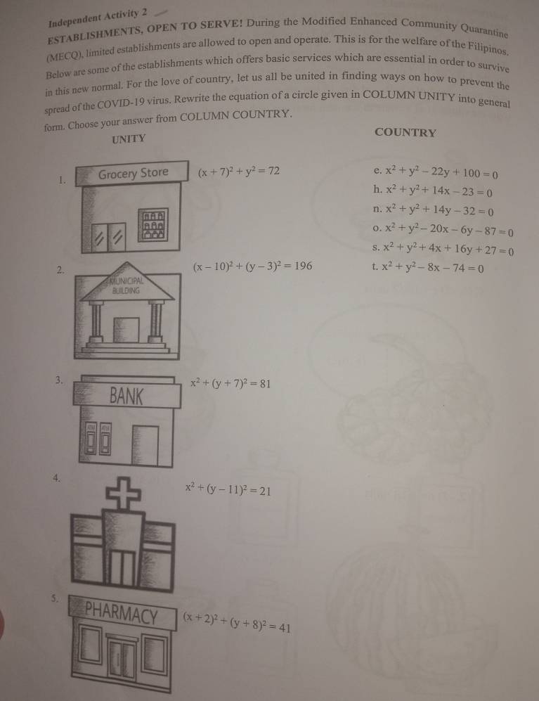 Independent Activity 2
ESTABLISHMENTS, OPEN TO SERVE! During the Modified Enhanced Community Quarantinc
(MECQ), limited establishments are allowed to open and operate. This is for the welfare of the Filipinos.
Below are some of the establishments which offers basic services which are essential in order to survive
in this new normal. For the love of country, let us all be united in finding ways on how to prevent the
spread of the COVID-19 virus. Rewrite the equation of a circle given in COLUMN UNITY into general
form. Choose your answer from COLUMN COUNTRY.
UNITY
COUNTRY
e.
1. Grocery Store (x+7)^2+y^2=72 x^2+y^2-22y+100=0
h. x^2+y^2+14x-23=0
nān n. x^2+y^2+14y-32=0
AAn
o. x^2+y^2-20x-6y-87=0
s. x^2+y^2+4x+16y+27=0
2.
(x-10)^2+(y-3)^2=196 t. x^2+y^2-8x-74=0
3
x^2+(y+7)^2=81
4
x^2+(y-11)^2=21
5. (x+2)^2+(y+8)^2=41