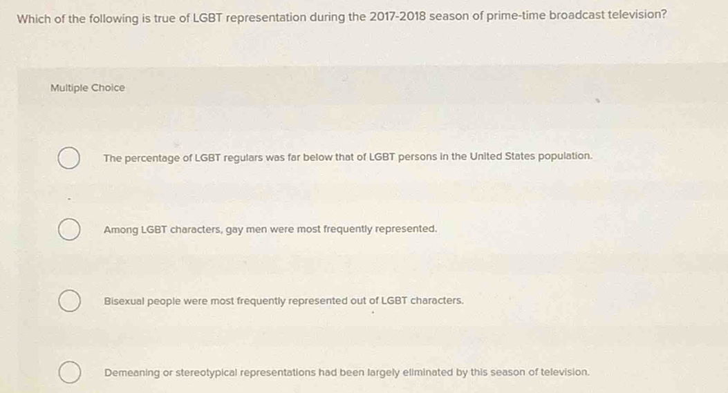 Which of the following is true of LGBT representation during the 2017-2018 season of prime-time broadcast television?
Multiple Choice
The percentage of LGBT regulars was far below that of LGBT persons in the United States population.
Among LGBT characters, gay men were most frequently represented.
Bisexual people were most frequently represented out of LGBT characters.
Demeaning or stereotypical representations had been largely eliminated by this season of television.